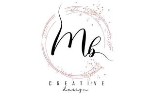 Handwritten MB M B letter logo with sparkling circles with pink glitter. vector