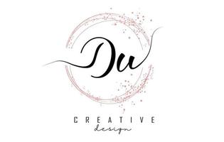 Handwritten Du D u letter logo with sparkling circles with pink glitter. vector