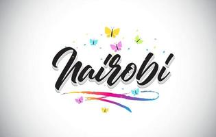 Nairobi texto manuscrito de la palabra del vector con las mariposas y el swoosh colorido.