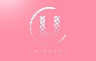 White U letter logo design with white dots and white circle frame on pink background. vector