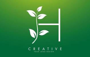 White Leaf Letter H Logo Design with Leaves on a Branch and Green Background. Letter H with nature concept. vector