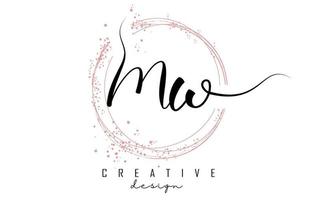 Handwritten MW M W letter logo with sparkling circles with pink glitter. vector