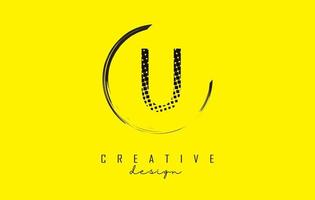 U letter logo design with black squares and circle frame on bright yellow background. vector