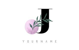 J Letter logo design with pink circle and green leaves. Vector Illustration with with Botanical elements. Nature vector template design concept with J letter.