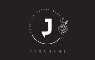 Creative initial letter J logo with lettering circle hand drawn flower element and leaf. vector