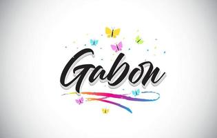 Gabon Handwritten Vector Word Text with Butterflies and Colorful Swoosh.