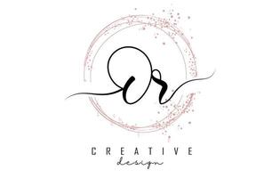 Handwritten Or O r letter logo with sparkling circles with pink glitter. vector