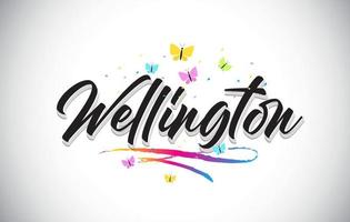 Wellington Handwritten Vector Word Text with Butterflies and Colorful Swoosh.