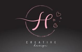 Handwritten H Letter Logo Design with Dust Pink Watercolor Ring and Outline Hearts. vector