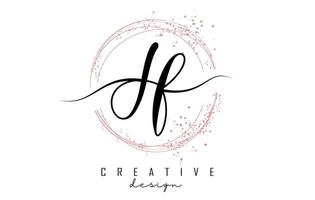 Handwritten JF J F letter logo with sparkling circles with pink glitter. vector