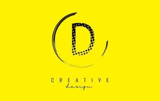 D letter logo design with black dots and circle frame on bright yellow background. vector