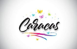 Caracas Handwritten Vector Word Text with Butterflies and Colorful Swoosh.