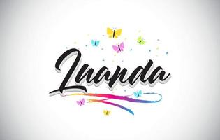 Luanda Handwritten Vector Word Text with Butterflies and Colorful Swoosh.