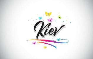 Kiev Handwritten Vector Word Text with Butterflies and Colorful Swoosh.