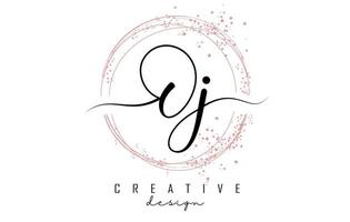 Handwritten Oj O j letter logo with sparkling circles with pink glitter. vector