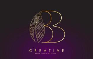 Outline Golden Letter B Logo icon with Wired Leaf Concept Design. vector