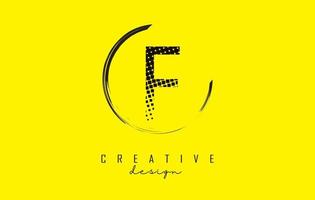 F letter logo design with black dots and circle frame on bright yellow background. vector