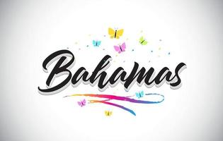 Bahamas Handwritten Vector Word Text with Butterflies and Colorful Swoosh.