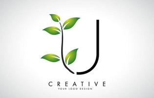 Leaf Letter U Logo Design with Green Leaves on a Branch. Letter U with nature concept. vector