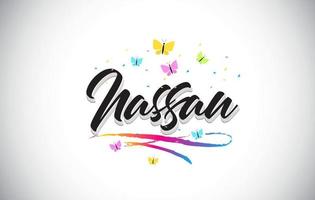 Nassau Handwritten Vector Word Text with Butterflies and Colorful Swoosh.