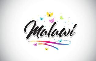 Malawi Handwritten Vector Word Text with Butterflies and Colorful Swoosh.