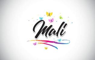 Mali Handwritten Vector Word Text with Butterflies and Colorful Swoosh.