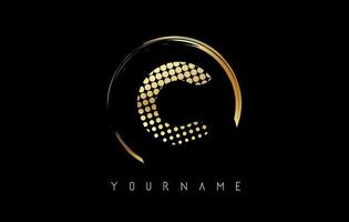 Golden C letter logo design with golden dots and circle frame on black background. vector