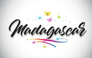 Madagascar texto manuscrito de la palabra del vector con las mariposas y el swoosh colorido.