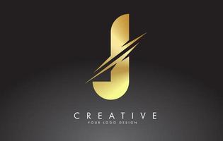 Diseño de logotipo dorado letra j con cortes creativos. vector