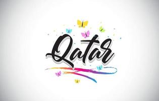 Qatar Handwritten Vector Word Text with Butterflies and Colorful Swoosh.