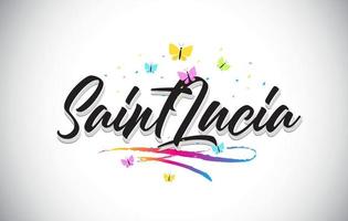 Saintlucia texto manuscrito de la palabra del vector con las mariposas y el swoosh colorido.