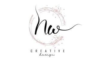 Handwritten NW N W letter logo with sparkling circles with pink glitter. vector