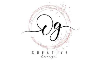 Handwritten OG O G letter logo with sparkling circles with pink glitter. vector