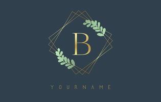 Golden Letter B Logo With golden square frames and green leaf design. Creative vector illustration with letter B.