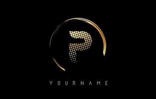 Golden P letter logo design with golden dots and circle frame on black background. vector