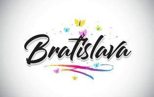 Bratislava Handwritten Vector Word Text with Butterflies and Colorful Swoosh.