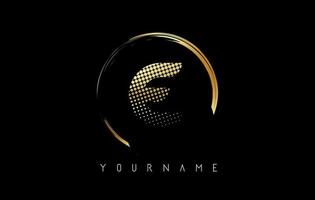 Golden E letter logo design with golden dots and circle frame on black background. vector