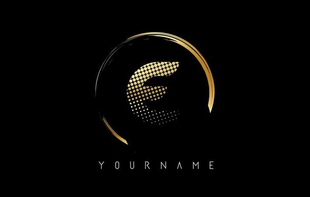 Golden E letter logo design with golden dots and circle frame on black background.