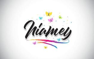 Niamey Handwritten Vector Word Text with Butterflies and Colorful Swoosh.