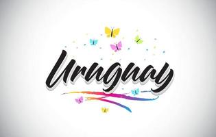 Uruguay Handwritten Vector Word Text with Butterflies and Colorful Swoosh.