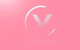 White V letter logo design with white dots and white circle frame on pink background. vector