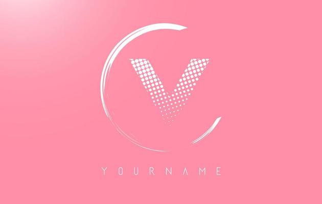 White V letter logo design with white dots and white circle frame on pink background.