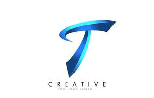 Logotipo de letra t creativo con swashes azules brillantes en 3d. vector de icono de swoosh azul.