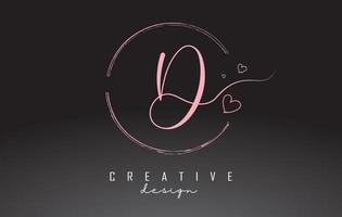 Handwritten D Letter Logo Design with Dust Pink Watercolor Ring and Outline Hearts. vector