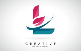 Letra l azul y roja con hoja y diseño de logotipo swoosh creativo. vector