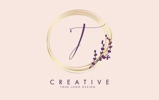 Handwritten T Letter logo design with golden circles and purple leaves on branches around. Vector Illustration with T letter.