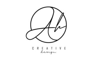 Handwriting letters AH A H logo design with simple circle vector illustration.