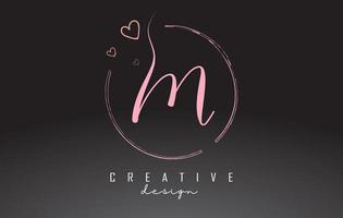 Handwritten M Letter Logo Design with Dust Pink Watercolor Ring and Outline Hearts. vector