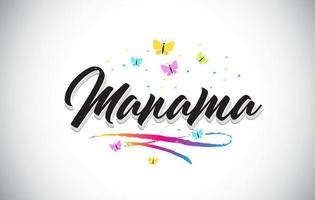 Manama Handwritten Vector Word Text with Butterflies and Colorful Swoosh.