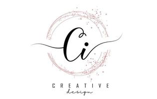 Handwritten CI C I letter logo with sparkling circles with pink glitter. vector